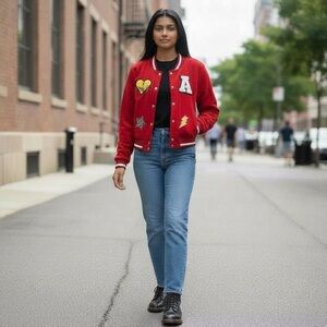 Women’s Red Varsity Jacket with Patches